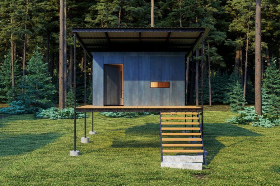 Front view of a modern tiny house in the woodland