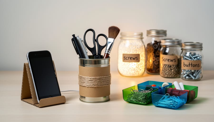 Glass jar organizers, a punched tin can lantern, and an upcycled T-shirt bag arranged on a kitchen counter with a small herb plant.
