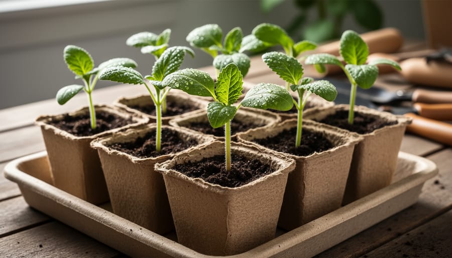 Young seedlings planted in biodegradable newspaper and cardboard seed starters in a home garden bed.