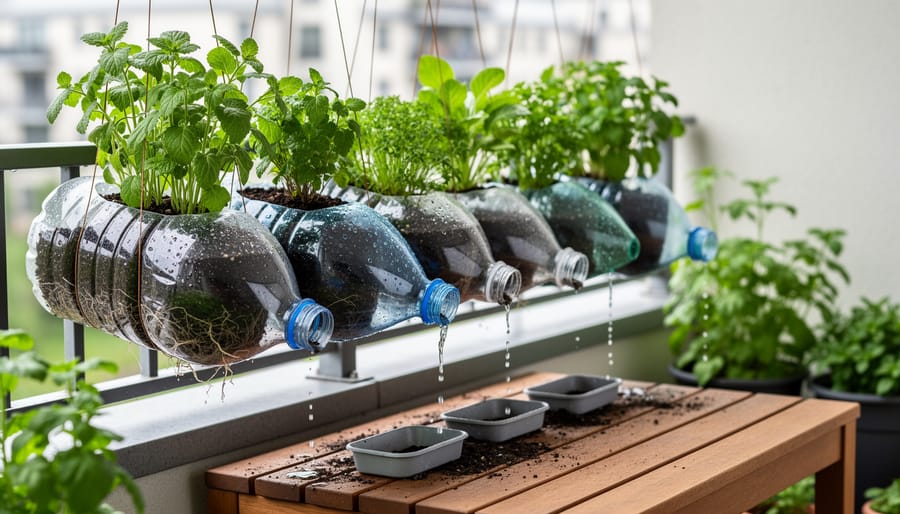 Plastic bottle self-watering planters with small herbs growing on a patio in warm golden-hour light.