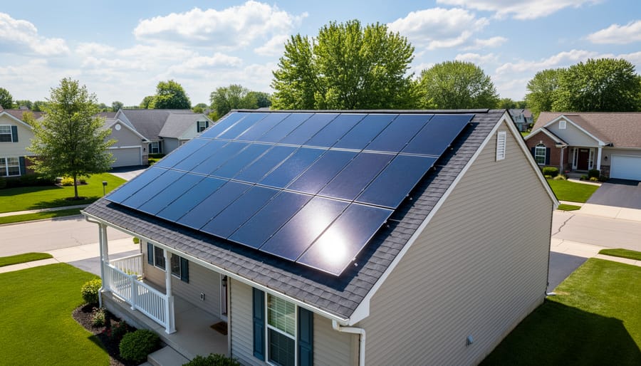 Modern solar panels installed on a residential rooftop in warm golden-hour sunlight