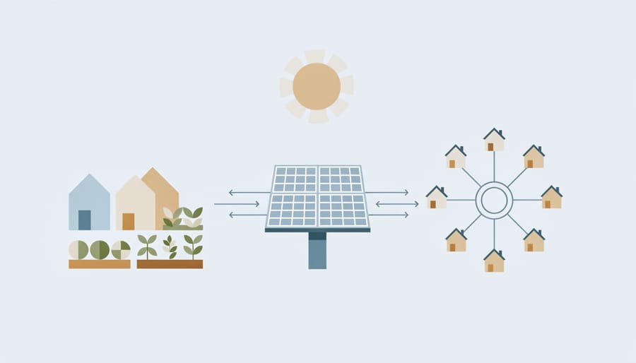 People tending a community garden near a solar-powered canopy structure