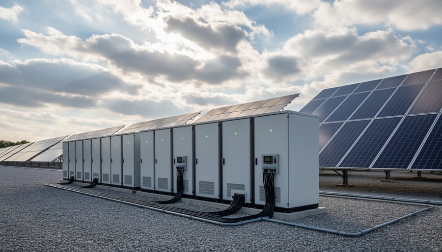 Worker in a safety vest near outdoor battery storage equipment connected to solar panels