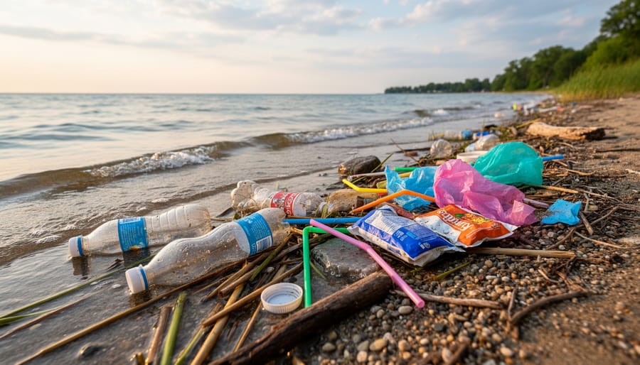 Plastic debris partially submerged along a Great Lakes shoreline with waves washing over bottles and wrappers