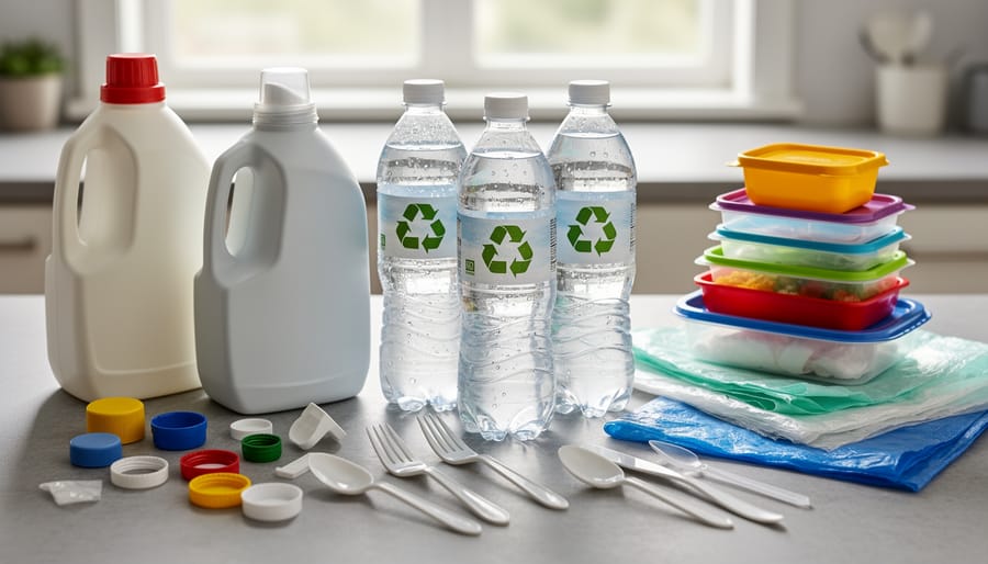 Assorted household plastic items on a kitchen counter, including a bottle, detergent jug, yogurt container, plastic film bag, and foam takeout container