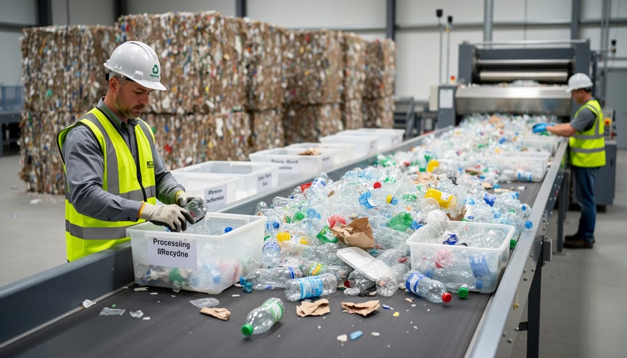 Mixed plastic items on a recycling facility conveyor belt with workers in safety gear in the blurred background